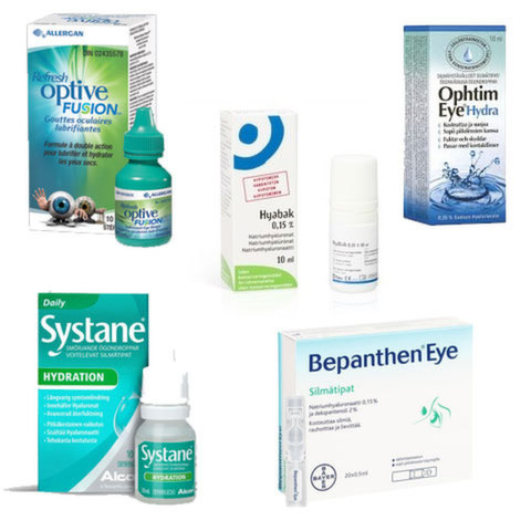 <div>Hyaluronaattia sisältäviä Bepanthen Eye, Hyabak, Ophtim Eye, Optive Fusion, Systane Hydration</div>